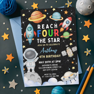 Outer Space Reach Four The Stars 4. Geburtstag Einladung
