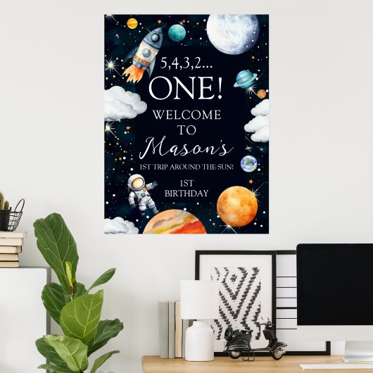 Outer Space Rocket Astronaut 1st Birthday Welcome Poster (Heimbüro)