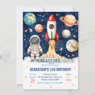 Outer Space Rocket Ship Astronaut Galaxy Birthday  Einladung