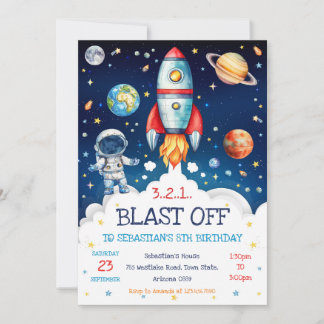 Outer Space Rocket Ship Astronaut Galaxy Birthday  Einladung