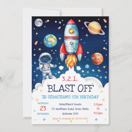 Outer Space Rocket Ship Astronaut Galaxy Birthday  Einladung (Vorderseite)