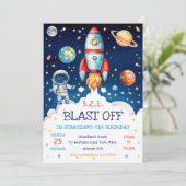 Outer Space Rocket Ship Astronaut Galaxy Birthday  Einladung (Stehend Vorderseite)
