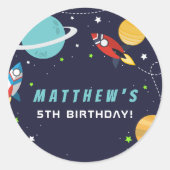 Outer Space Rocket Ship Birthday Party Runder Aufkleber (Vorderseite)