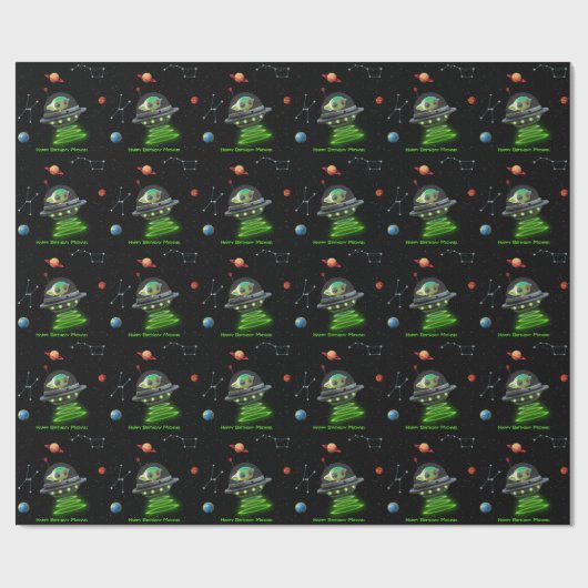 Outer Space UFO Green Alien Planets Stars Birthday Geschenkpapier (Flach)