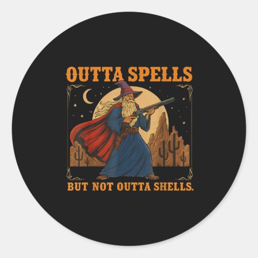 Outta Spells But Not Outta Shells Wizard Fantasy M Runder Aufkleber (Vorderseite)