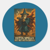 Outta Spells But Not Outta Shells Wizard Fantasy M Runder Aufkleber (Vorderseite)