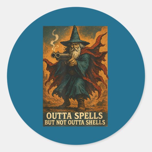 Outta Spells But Not Outta Shells Wizard Fantasy M Runder Aufkleber (Vorderseite)