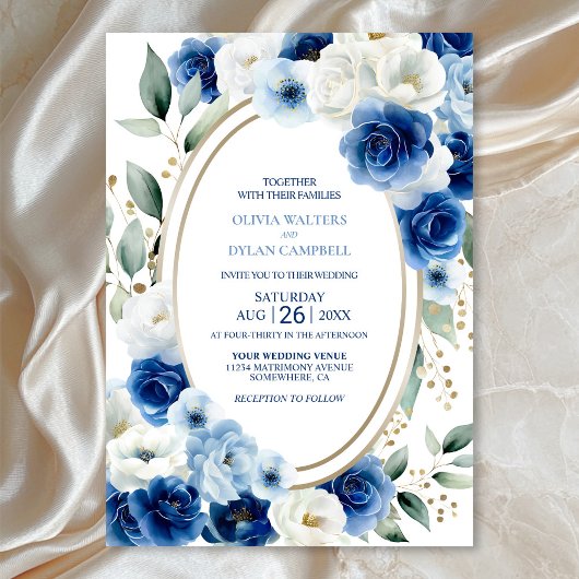 Oval Blue Floral Wedding Einladung