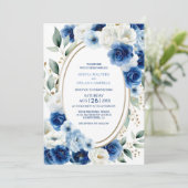 Oval Blue Floral Wedding Einladung (Stehend Vorderseite)