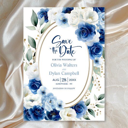 Oval Blue Floral Wedding Save the Date Einladung
