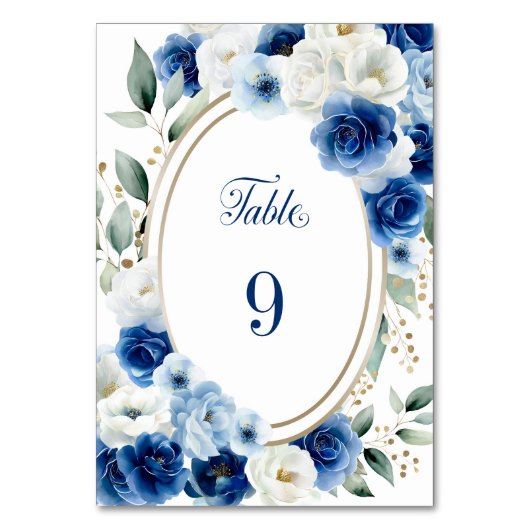 Oval Blue Floral Wedding Tischnummer (Vorderseite)