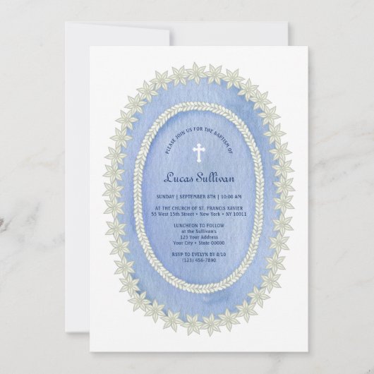 Oval Blue Frame Taufe Einladung (Vorderseite)