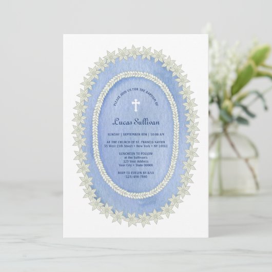 Oval Blue Frame Taufe Einladung (Stehend Vorderseite)