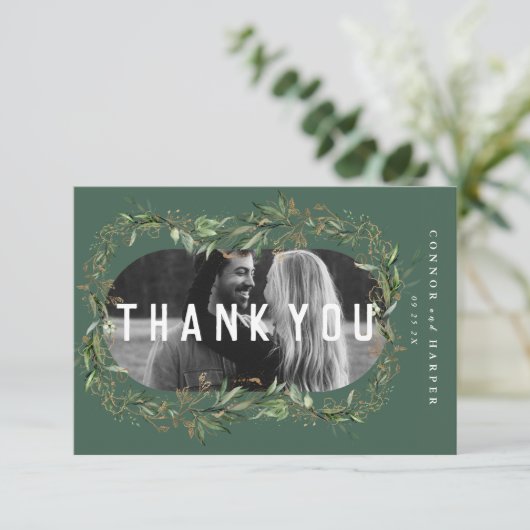 Oval Boho Bold Abstrakt Modern Leafa Goldenes Foto Dankeskarte (Stehend Vorderseite)