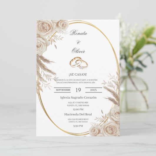 Oval Boho wedding ring Spanish Wedding Invitation Einladung (Stehend Vorderseite)