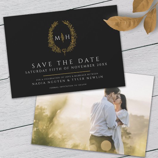 Oval der Blätter Schwarz-weiße Goldhochzeit Foto Save The Date