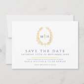 Oval der Blätter Weißblaue Foto Hochzeit Save The Date (Vorderseite)
