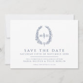 Oval der Blätter Weißblaue Foto Hochzeit Save The Date (Vorderseite)