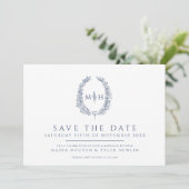 Oval der Blätter Weißblaue Foto Hochzeit Save The Date (Stehend Vorderseite)