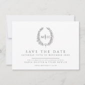 Oval der Blätter Weißgraues Foto Hochzeit Save The Date (Vorderseite)