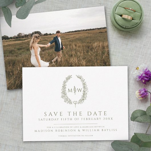 Oval der Blätter Weißolivengrün Foto Hochzeit Save The Date