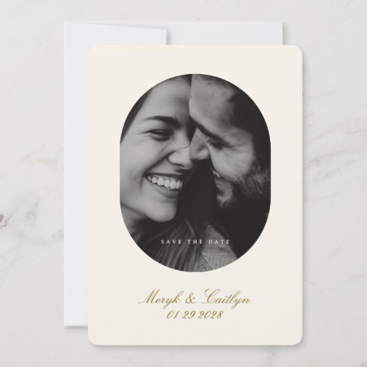 Oval Elegante Hochzeits-Foto-Kalligrafie Save The Date (Vorderseite)