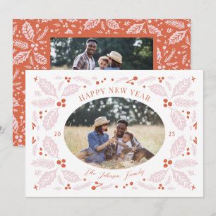 Oval-Foto mit alten Holly-Beeren   Hellrot Pink Feiertagskarte