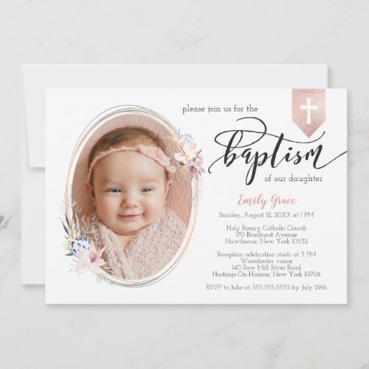 Oval Foto Rose Gold Banner Taufe einladen Einladung (Vorderseite)