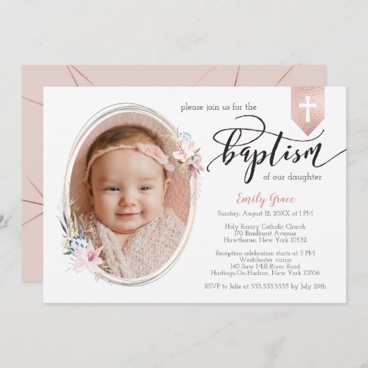Oval Foto Rose Gold Banner Taufe einladen Einladung (Vorne/Hinten)