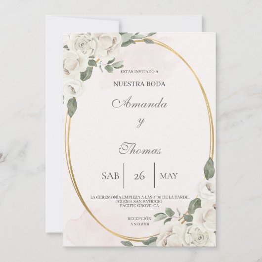 Oval geformt mit weißer Blume Hochzeit Einladung (Vorderseite)