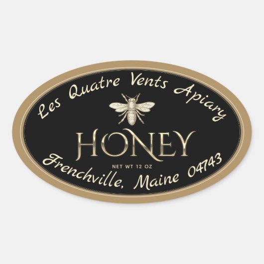 Oval Heraldic Bee Gold Border Black Honey Label Ovaler Aufkleber (Vorderseite)