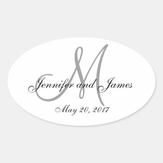 Oval-Label für graues weißes Monogramm Ovaler Aufkleber (Vorderseite)