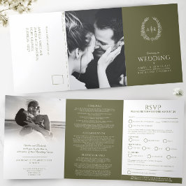 Oval monogramm Hochzeit RSVP Olivgrün weiß Dreifach Gefaltete Einladung
