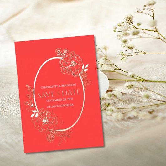 Oval Rote Modern Floral Oval Save the Date Folieneinladung