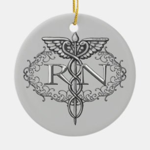 Oval Silver Caduceus RN Nurse Keramikornament