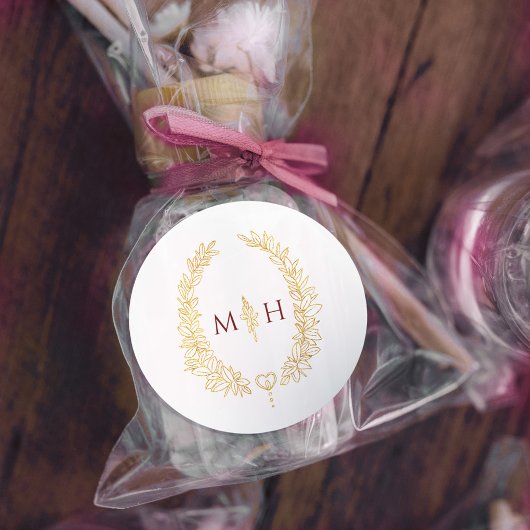 Oval wreath wedding monogram gold dark red white runder aufkleber