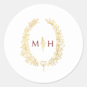 Oval wreath wedding monogram gold dark red white runder aufkleber (Vorderseite)