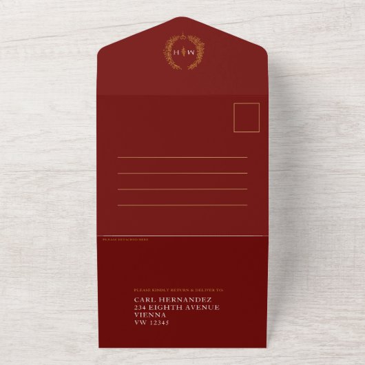 Ovale Blätter aus Hochzeitsgold, Monogramm Foto All In One Einladung (Außenbereich)