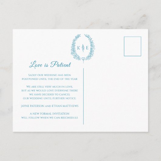 Ovale Blattwraath Monogramm Trauung Stornierung aq Ankündigungspostkarte (Rückseite)