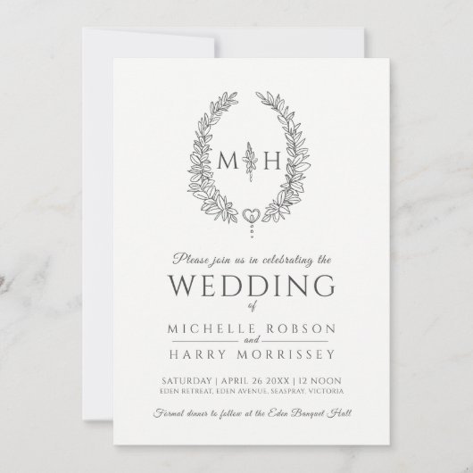 Ovale Kranz-Hochzeit Holzkohle graues weißes Foto Einladung (Vorderseite)