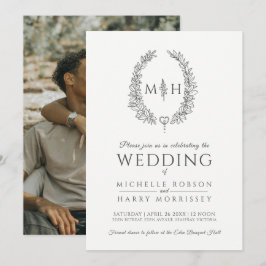 Ovale Kranz-Hochzeit Holzkohle graues weißes Foto Einladung