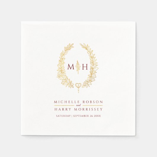 Ovale Kranzkunst Blätter Goldrot-Monogramm-Hochzei Serviette (Vorderseite)