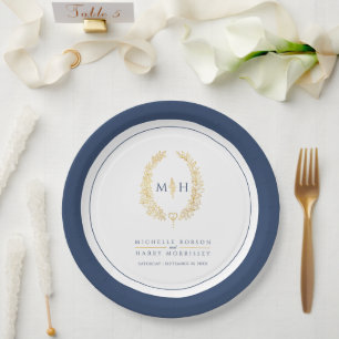 Ovale Kranzkunst verlasse goldblaue Monogramm-Hoch Pappteller
