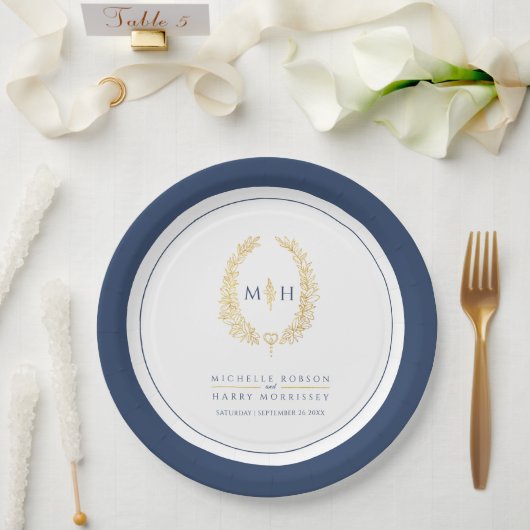 Ovale Kranzkunst verlasse goldblaue Monogramm-Hoch Pappteller (Hochzeit)