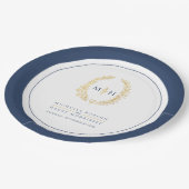 Ovale Kranzkunst verlasse goldblaue Monogramm-Hoch Pappteller (Schrägansicht)