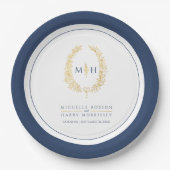 Ovale Kranzkunst verlasse goldblaue Monogramm-Hoch Pappteller (Vorderseite)