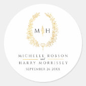 Ovale Kranzkunst verlasse goldene Monogramm-Hochze Runder Aufkleber (Vorderseite)