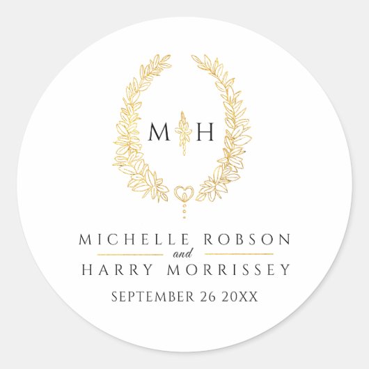 Ovale Kranzkunst verlasse goldene Monogramm-Hochze Runder Aufkleber (Vorderseite)