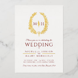 Ovale Leaf-Linie Kunst Hochzeit bordeauxrote Goldf Folieneinladung