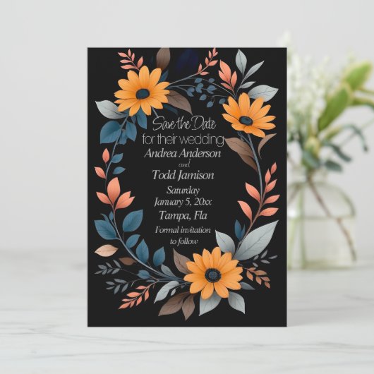 Ovale Sonnenblumenhochzeit Save The Date (Stehend Vorderseite)